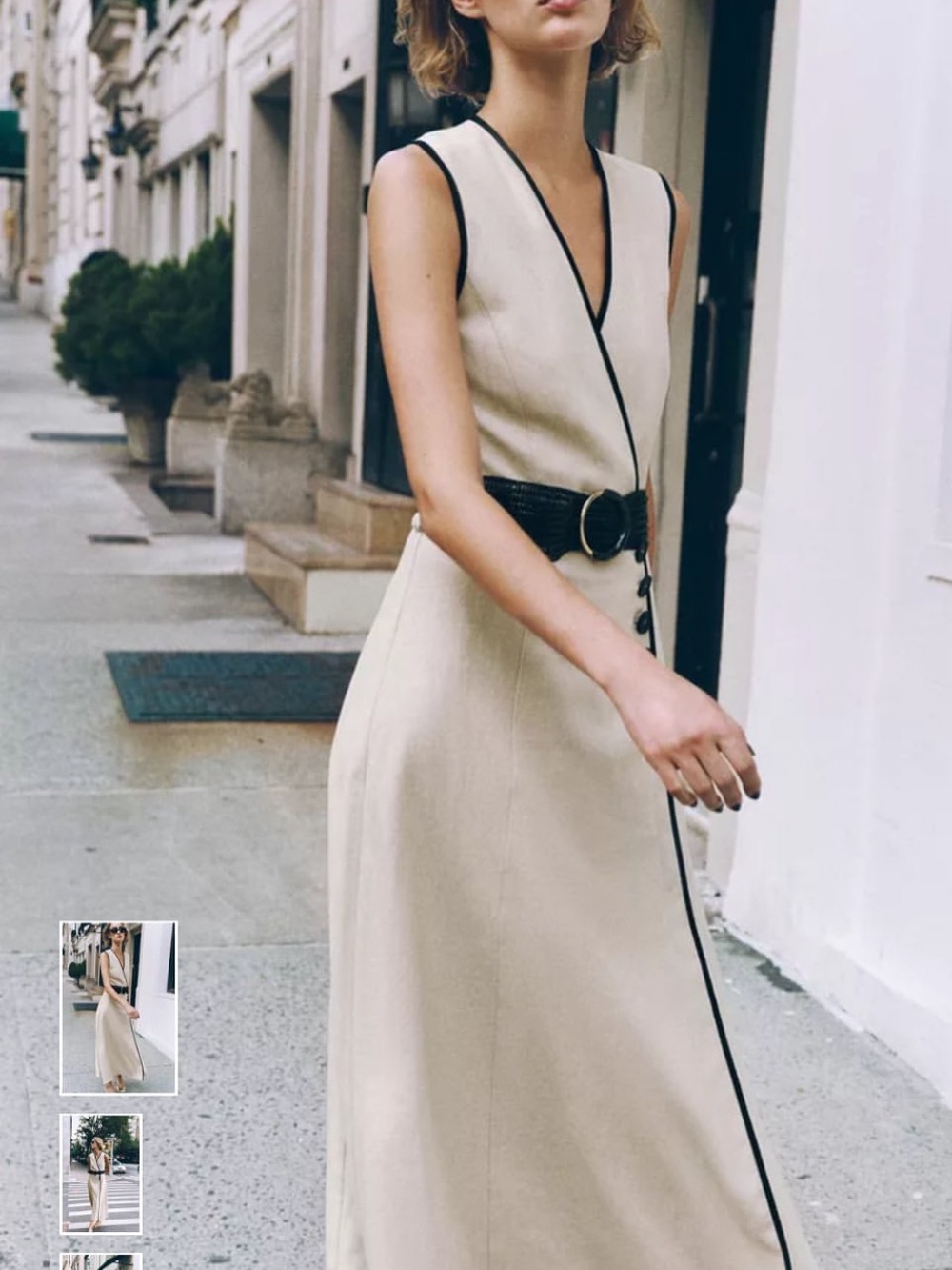 NWOT Zara Cream Midi Wrap Dress with Black Trim - Picture 3 of 6